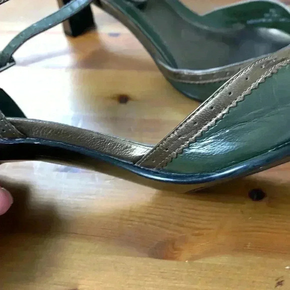 Vintage Pierre Michel Delicate Olive Green w Bronze Trim, Ankle  Strap Heels - Picture 12 of 13
